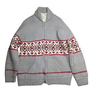 Vtg 1950s Gray Heavy Wool Tribal Pattern Hand Knit Cowichan Full Zip Cardigan M